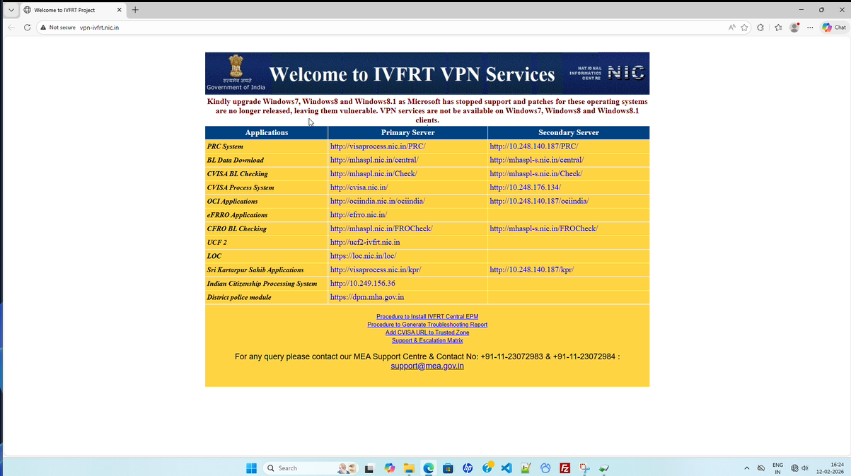 Screenshot of the Cisco AnyConnect client showing 'Connected to ivfrt.nic.in'.